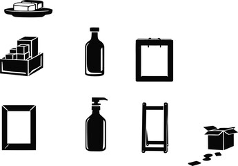 A collection of black and white vector icons featuring various objects on a white background design view