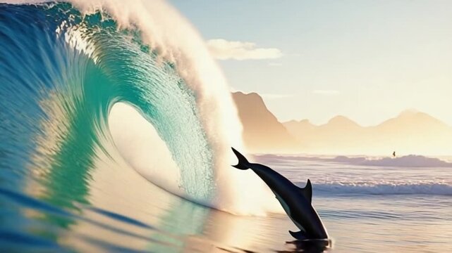 Dolphin leaps from a large ocean wave with mountains in the background at sunrise or sunset dolphin video