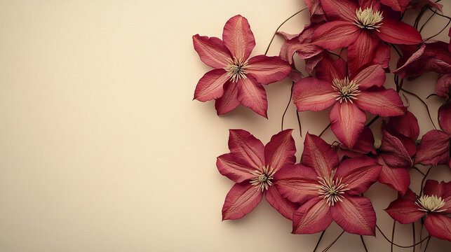 Elegant dried clematis flowers with deep red petals and intricate centers spread on neutral beige background, creating delicate and artistic floral arrangement with natural texture