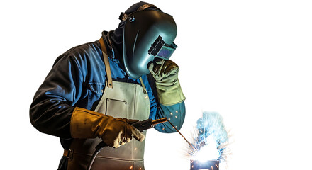 A welder wearing a protective mask and gloves welding metal with bright sparks in a dark environment on transparent background