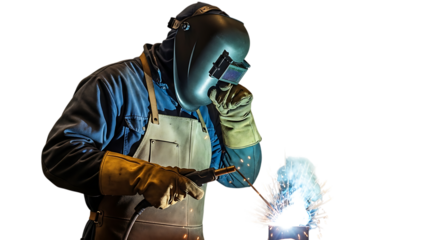 A welder wearing a protective mask and gloves welding metal with bright sparks in a dark environment on transparent background