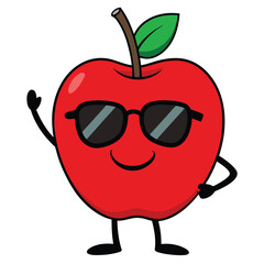 Happy Apple Cartoon Character with Sunglasses Waving Hand and Smiling Face