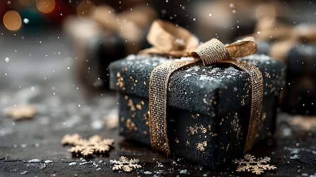 Elegant black gift box with a gold ribbon bow and snowflakes under falling snow for a festive holiday celebration. - Powered by Adobe