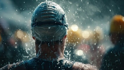Rear view of a swimmer wearing a white swim cap, showered in water droplets, creating a dynamic, fresh, and energetic atmosphere. Blurred crowd in the background generative ai