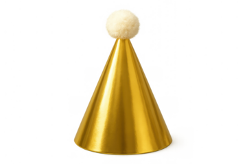 Golden party hat with white pompom, celebrating special event, anniversary, birthday, new year festivities