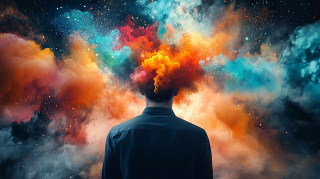 Mind projecting its own colorful universe with vibrant swirling patterns cosmic energy and abstract forms symbolizing imagination creativity thought exploration and limitless potential