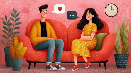 A man and woman sit on a couch, with speech bubbles showing a heart and conversation, surrounded by plants and a clock.