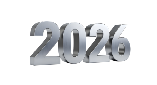 Silver 3d numbers 2026 isolated on transparent background