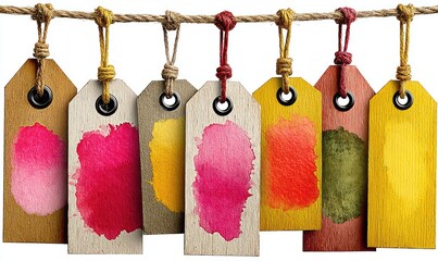 Watercolor-stained tags hanging on jute twine
