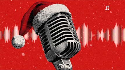 Microphone and visualized columnar sound waves, notes, Christmas themed concert music festival party background illustrations