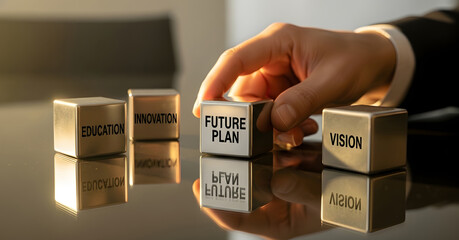 Hand placing a 'future plan' cube among vital business concepts.