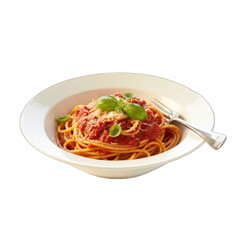 Italian Spaghetti with Tomato Sauce and Parmesan Cheese Garnished with Fresh Basil Leaves Served in a White Bowl with a Fork Isolated on a Transparent Background