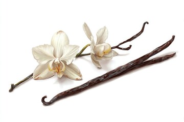 Vanilla Beans And Orchid Flowers On White Background