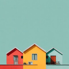 Colorful Row Of Pastel Houses Against Light Teal Sky