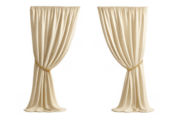 Beige silk curtains opening, elegant drapery tied back, home interior window decoration element on transparent background