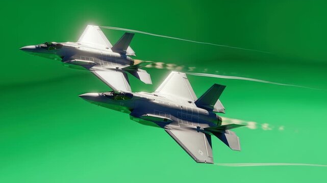 Dynamic aerial demonstration featuring two modern fighter jets against a vibrant green screen