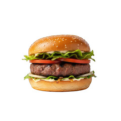 Juicy Grilled Beef Burger with Lettuce Tomato and Onion on a Sesame Seed Bun Isolated on a Transparent Background with Studio Lighting
