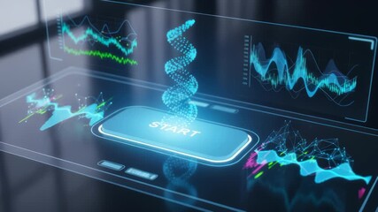 Futuristic Digital Interface Displaying DNA Helix and Real-Time Data Analysis, Advancing Genomic - Powered by Adobe