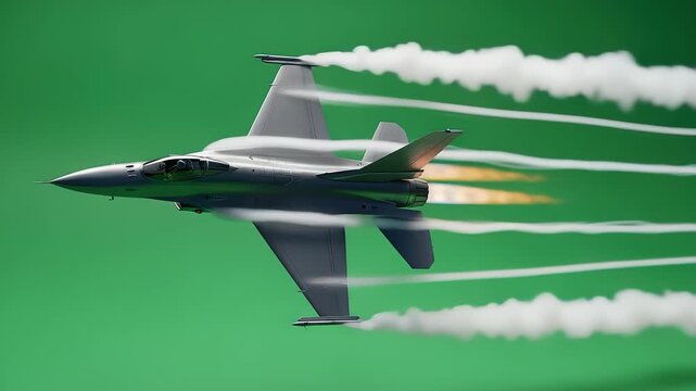 Dynamic footage showcasing a fighter jet soaring against a vibrant green screen backdrop at high