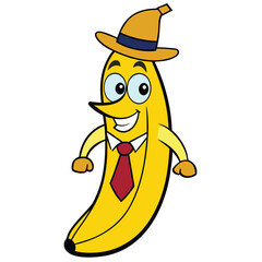 Dapper Banana Cartoon Character Wearing Hat and Tie with Smiling Face