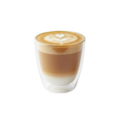 Layered Coffee Drink with Latte Art Heart Shape in a Clear Double Walled Glass on a Black Background