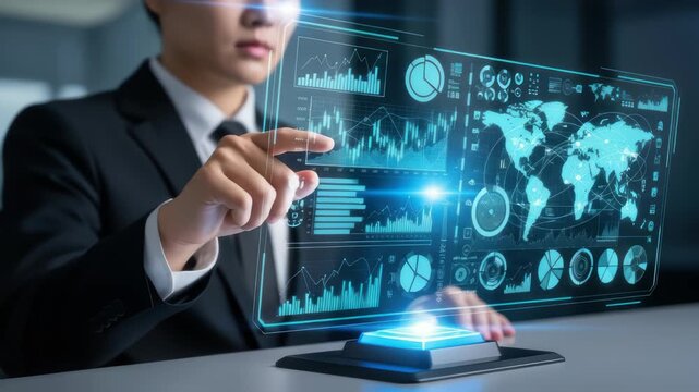Futuristic technology interface manipulation with digital screen showcasing global data analysis - Powered by Adobe