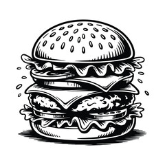Hand drawn burger, a delicious and juicy meal with cheese, lettuce, and tomato, perfect for a quick lunch
