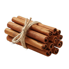 Macro photograph of cinnamon sticks bundled with twine isolated on black with food styling lighting