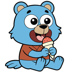 Happy Blue Bear Cartoon Character Eating Ice Cream Cone with Joyful Face