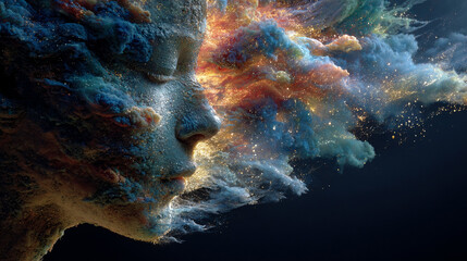 Mind projecting its own colorful universe with vibrant swirling patterns cosmic energy and abstract forms symbolizing imagination creativity thought exploration and limitless potential