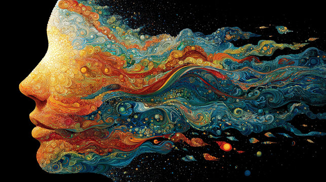 Mind projecting its own colorful universe with vibrant swirling patterns cosmic energy and abstract forms symbolizing imagination creativity thought exploration and limitless potential