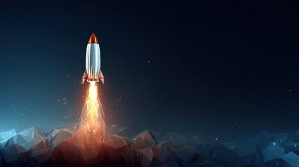 Pixel Art Rocket Launch Over Abstract Mountains At Night