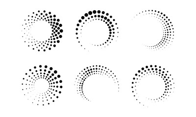 Abstract spiral dot patterns and circular halftone frames. Set of six monochrome geometric design elements