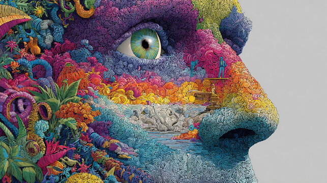 Mind projecting its own colorful universe with vibrant swirling patterns cosmic energy and abstract forms symbolizing imagination creativity thought exploration and limitless potential