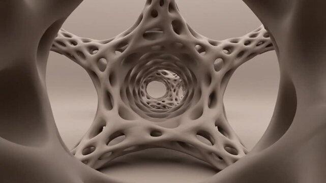 Interior fly‑through of a gyroid TPMS lattice with soft occlusion; clay material and slow dolly produce a spacious, brand‑safe loop with copy space for titles and motion graphics.