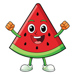 Cheerful watermelon cartoon character posing with arms up in fun and happy mood