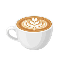 Flat design illustration of a white coffee cup filled with latte art featuring a delicate heart pattern and foam on a transparent background