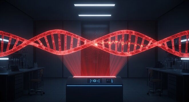 Futuristic glowing red dna helix molecule structure in a dark laboratory setting - Powered by Adobe