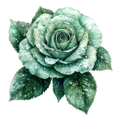 Obraz premium Watercolor Emerald Green Rose Flower with Water Drops Vector Clipart 
