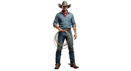 A cowboy in denim shirt and jeans holding a lasso wearing a hat and a red bandana on a black background on transparent background