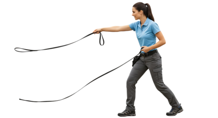A woman in a blue shirt and gray pants is holding a leash and walking forward with a determined look on her face on transparent background