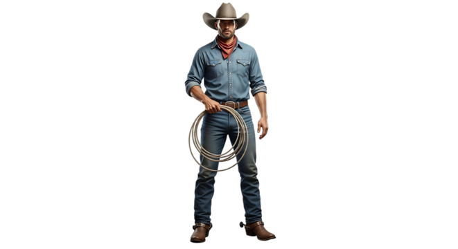 A cowboy in denim shirt and jeans holding a lasso wearing a hat and a red bandana on a black background on transparent background