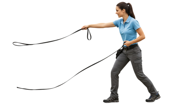 A woman in a blue shirt and gray pants is holding a leash and walking forward with a determined look on her face on transparent background