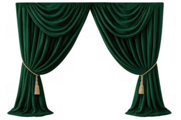 Green velvet theater stage curtains opening, elegant drapery with gold tassels, isolated on transparent background