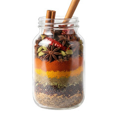 Glass Jar Filled With Layered Spices And Whole Herbs Isolated On A Transparent Background With Soft Studio Lighting