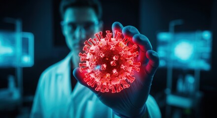 Scientist holding a glowing red virus particle in a laboratory setting with futuristic technology