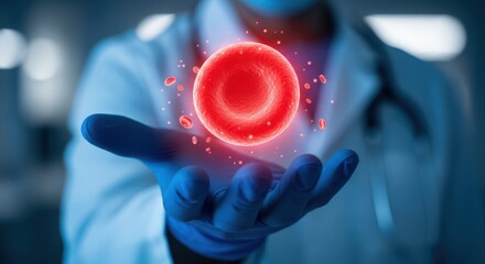 Doctor holding a glowing red blood cell in a futuristic medical laboratory