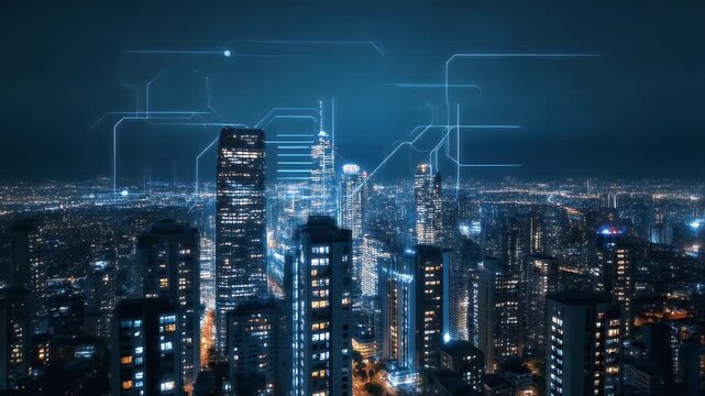 Futuristic cityscape with glowing digital network connections overlaying modern skyscrapers at night - Powered by Adobe