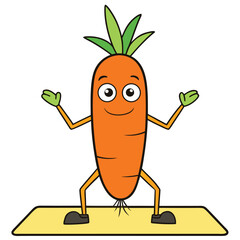Cartoon carrot doing yoga on mat on white background