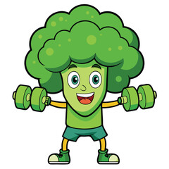 Cartoon broccoli working out lifting dumbbells on white background